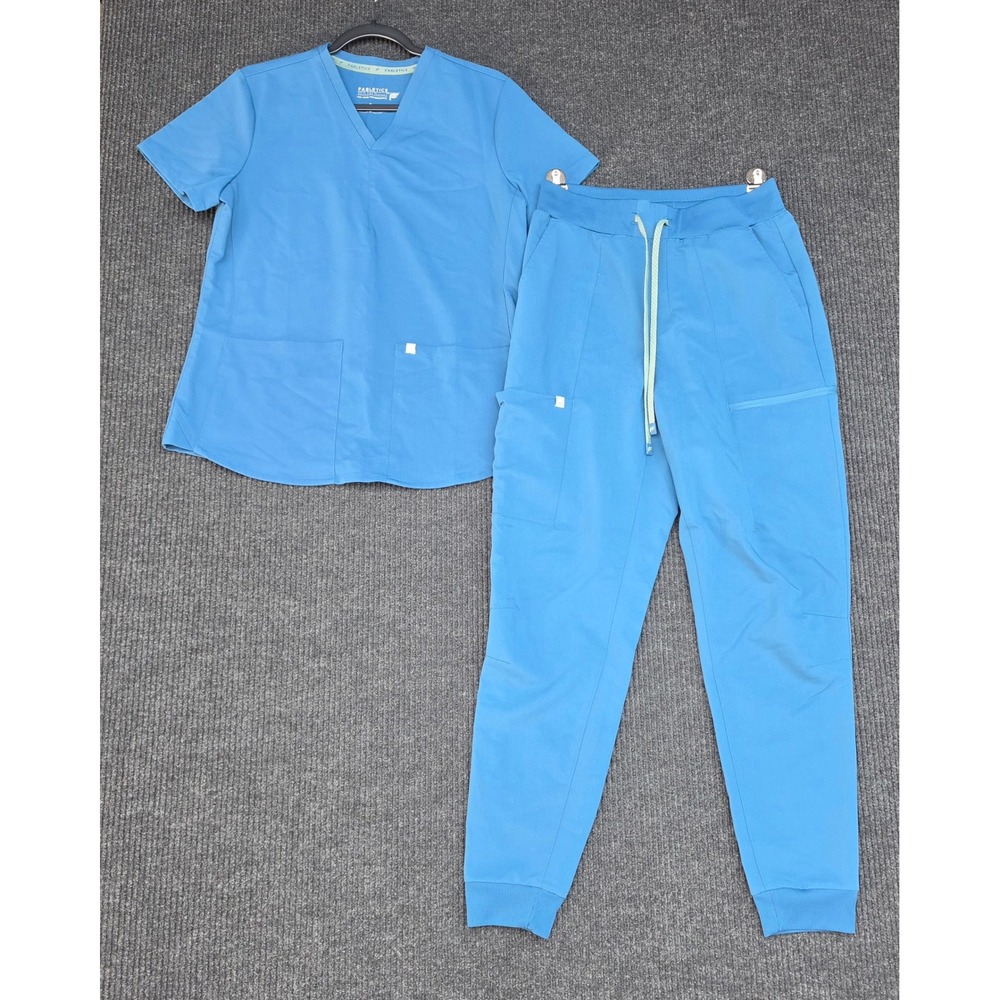 Fabletics Blue Scrub Set V-Neck Top and Jogger Pants Small Caribbean Blue